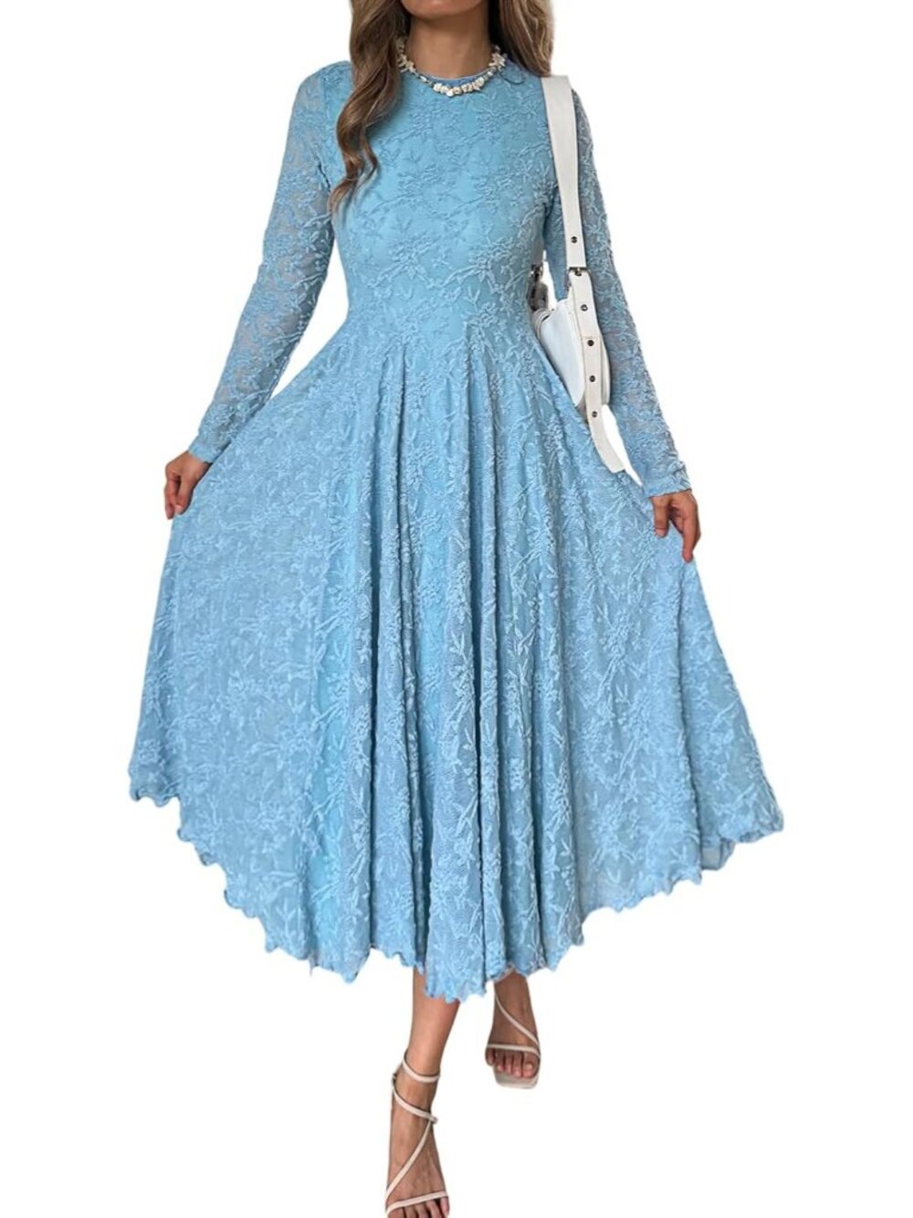 Women's Light Blue Long Sleeve Round Neck Fall Wedding Guest Floral Maxi Dresses